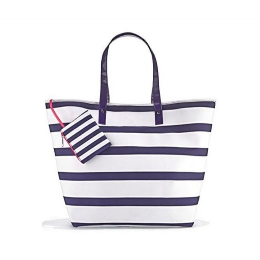 WHITE BLUE STRIPED TOTE BEACH GYM LAPT. HANDBAG W/ZIP POUCH ATTACHED NEW